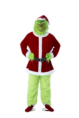 Afoxsos mens Christmas Green Monster Costume 7PCS Santa Sets Claus Including Mask Suit Outfit, Furry, XX-Large