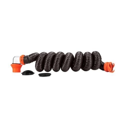 Camco RhinoFLEX 15-Ft Camper/RV Sewer Hose Kit - Features Clear Elbow Fitting w/Removable 4-in-1 Adapter - Connects to 3” Slip or 3”/3.5”/4” NPT Threaded Sewer Connection (39770)