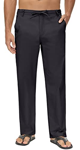 Janmid Men Casual Beach Trousers Linen Summer Pants Black L