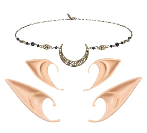 Merroyal Moon Head Chain Vintage Crystal Headpieces Hair Acessories with 2 Pairs Latex Elf Ear for Women Girls (Bronze)