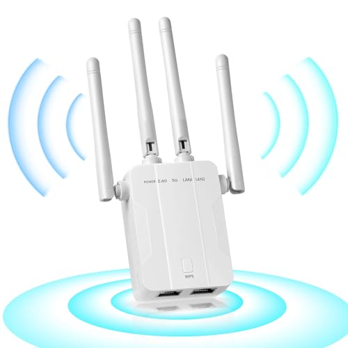 2024 NEW Wifi Extender Signal Booster，WiFi Extender/WiFi Booster with 1200Mbps Dual Band(Up to 10000sq.ft for 55+ Devices), WiFi Repeater with 4 Antennas 360° Full Coverage,1-Tap Setup & Ethernet Port