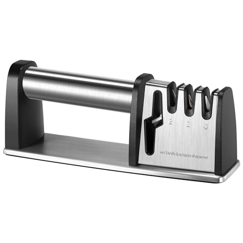 Premium Knife Sharpeners, 4-in-1 [4 stage] Sharpening Tool, Best Kitchen Knife Sharpener Really Works for Kitchen Knives, Scissor Sharpener, Handheld Manual Knife Sharpeners, Stainless Steel
