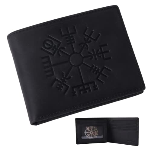 Genuine Crazy Horse Leather Wallet – Viking Vegvisir Engraved Black Bifold Wallet – RFID Blocking Runic Compass Signpost Design Leather Wallet for Protection, Fits Up to 10 Cards