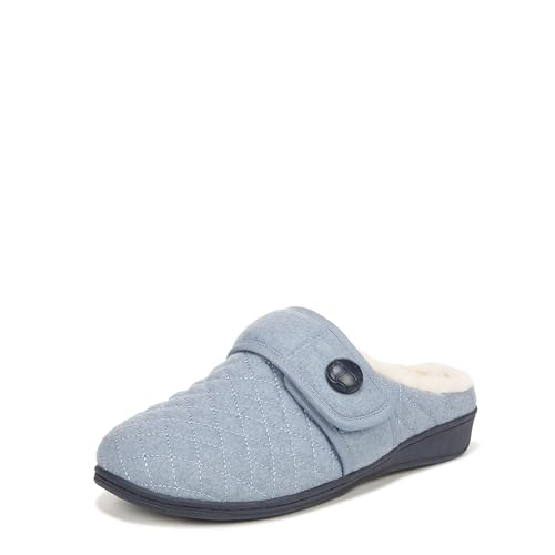 Vionic Women's Indulge Carlin Flannel Mule Slipper- Comfortable Spa House Slippers that include Three-Zone Comfort with Orthotic Insole Arch Support, Blue Shadow 9 Medium
