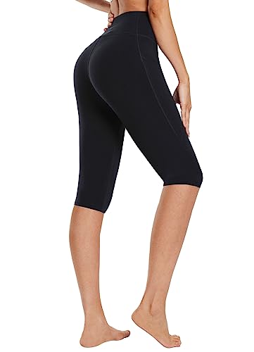 BALEAF Women's Capri Leggings with Pockets Knee Length Capris Cotton Yoga Workout Capri Pants for Casual Summer Black L