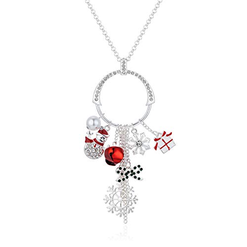 Cute Christmas Sweater Long Tassel Circle Pendant Necklace For Women Silver Plated CZ Crystal Rhinestone Jingle Bell Snowflake Snowman Bow Holiday For Her