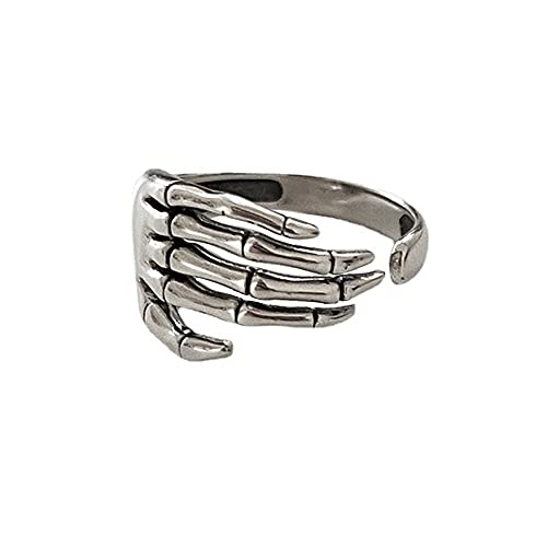 Vintage Skull Hand S925 Sterling Silver Open Band Ring for Women Girls Statement Adjustable Expandable Oxidzed Gothic Skeleton Devil's Talons Finger Pinky Rings Comfort Fit Unisex Personalized Jewelry