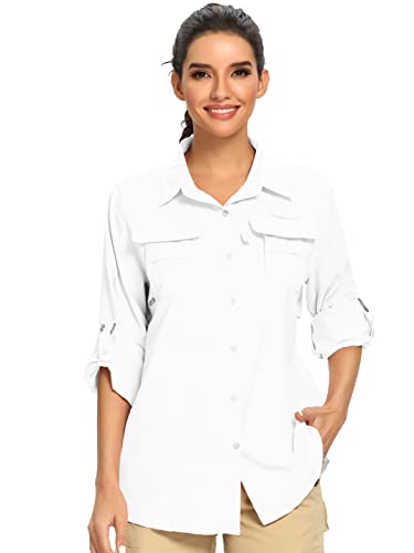 Jessie Kidden Women's UPF 50+ UV Sun Protection Safari Shirt, Long Sleeve Outdoor Cool Quick Dry Fishing Hiking Gardening Shirts (5055 White M)