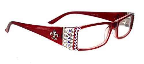 The French, (Bling) Fleur De Lis Women Reading Glasses Adorned with (Clear + Aurora Borealis) Austrian Crystals, Magnifying (Red) Rectangular. NY Fifth Avenue.