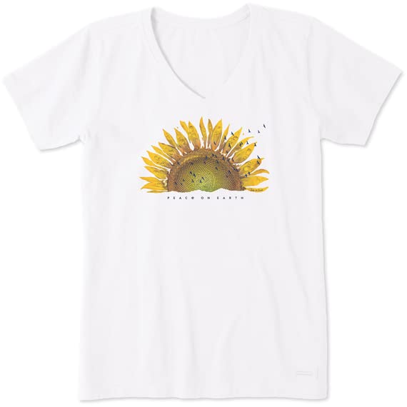 Life is Good Women's Cool Palm Flowers Short Sleeve Crusher Vee (X-Large, Cloud White)