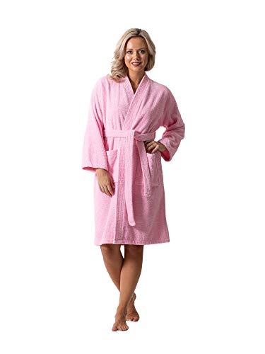 Luxurious Turkish Cotton Kimono Collar Super-Soft Terry Absorbent Bathrobes for Women (Pink, Large)