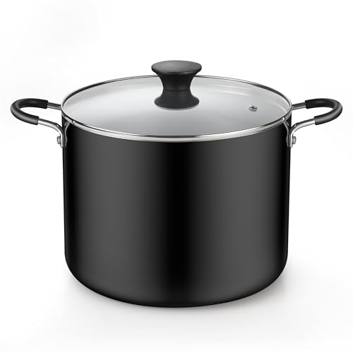 Cook N Home Nonstick Stockpot with Lid 10.5-Qt, Deep Cooking Pot Cookware Canning Stock Pot with Glass Lid, Black