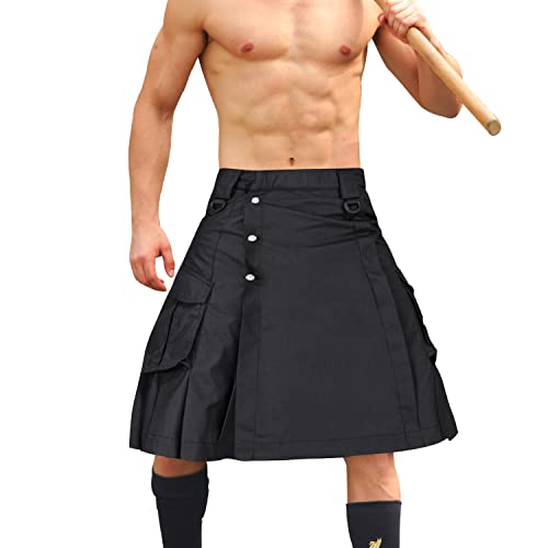 AKARMY Men's Kilt for Men, Camo Scottish Outdoor Utility Kilt, 23' Length Pleated Tactical Kilt, Irish Highland Hybrid Kilts with Cargo Pockets 0911 Black 38