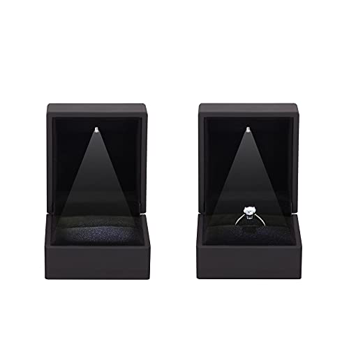 2 Pieces Ring Earring Gift Box with LED light, Elegant Velvet Ring Case Jewelry Display for Proposal, Engagement, Wedding, Gift (Black)