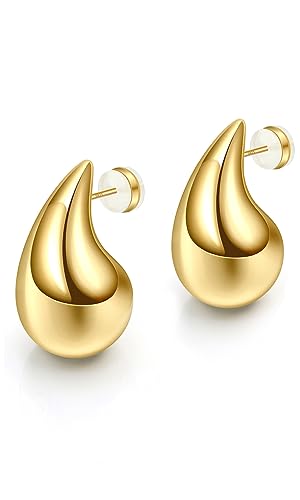 Gold Teardrop Earrings for Women - S925 Sterling Silver Earring Post Trendy Lightweight Waterdrop Hollow Open Hoops - 18k Goldplated Medium Chunky Tear Drop Earring