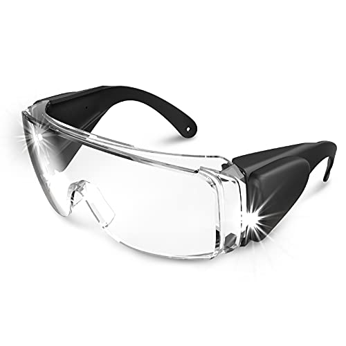 SKYWAY Safety Glasses with Lights, Safety Goggles Over Glasses, Rechargeable Led Goggles Anti Fog Anti Scratch UV Protection