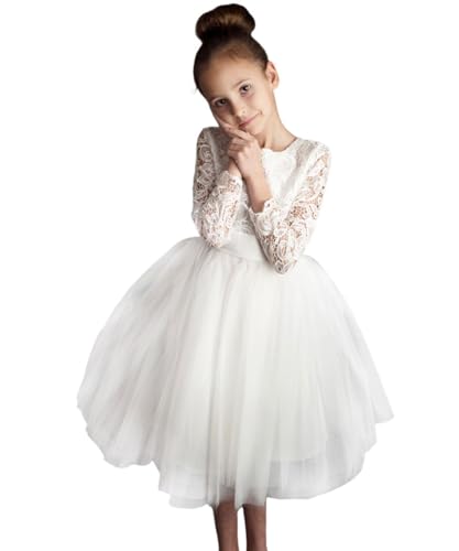 Flower Girl Dress Long Sleeves Lace Top Tulle Skirt Girls Lace Party Dresses (Size 4,White)
