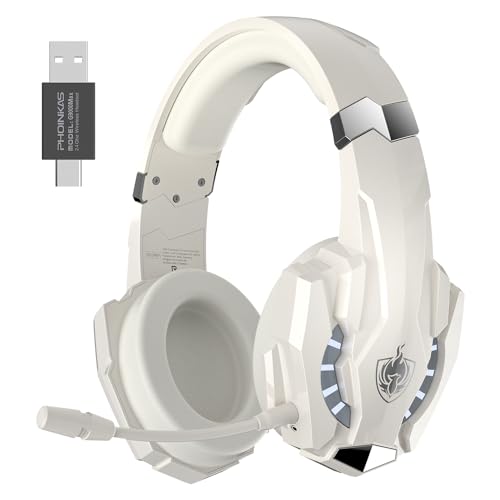 PHOINIKAS Wireless Gaming Headset with Mic, G9000 2.4G Wireless Headset for PC PS4 PS5 Switch, Over Ear Headphones with 7.1 Stereo Sound, 3.5mm Wired Gaming Headset for Laptop/Phone/Tablet - White