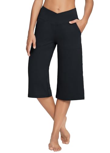 BALEAF Women's Wide Leg Yoga Pants Capris Crossover High Waist Crop Dress Pants with Pockets Loose Lounge Casual Summer Black XL