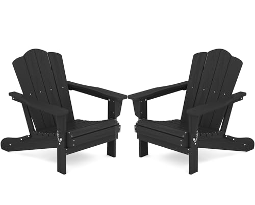 KINGYES Folding Adirondack Chair Set of 2, HDPE All-Weather Folding Adirondack Chairs, Outdoor Patio Adirondack Chair for Deck Lawn fire pit, Black