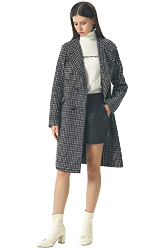 CHARTOU Women's Winter Oversize Lapel Collar Woolen Plaid Double Breasted Long Peacoat Jacket (Large, Black)