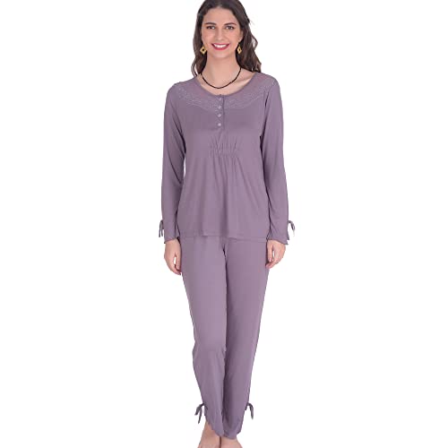 Sleepy Time Women's Bamboo Pajamas, Hot Flash Menopause Relief PJS, Round Neck (Purple, Medium)
