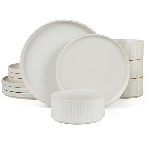 Famiware Star Dinnerware Sets, Plates and Bowls Set for 4, 12 Piece Dish Set, Full Glaze Matte White