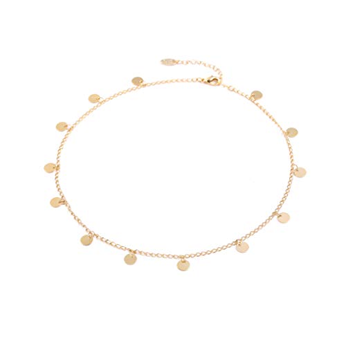 Fremttly Gold Disc Choker Necklaces Simple Handmade Coin Pendant Necklaces Dangling Small Short Necklace Summer Beach Boho Necklaces Gift for Women