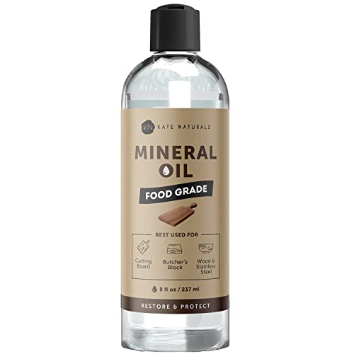 Kate Naturals Mineral Oil for Wood Cutting Board, Butcher Block, and Knife. Substitute for Linseed Oil (8oz, Food Grade, Food Safe)