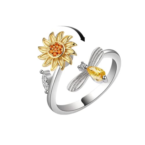 Bee Kind Spinning Bee Sunflower Ring For Girls Made With 18k Gold Plating & Zircon Crystals, Relief Anxiety Rings For Women Comes With A Personalized Gift With Box.