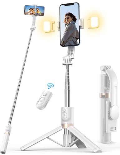 Selfie Stick with Light, 45'' Selfie Stick Tripod with Wireless Remote, Portable Phone Tripod Compatible with iPhone 15 Pro Max/15/14 Pro/14/13, Samsung S22/ S23 Ultra/Android Smartphone (White)