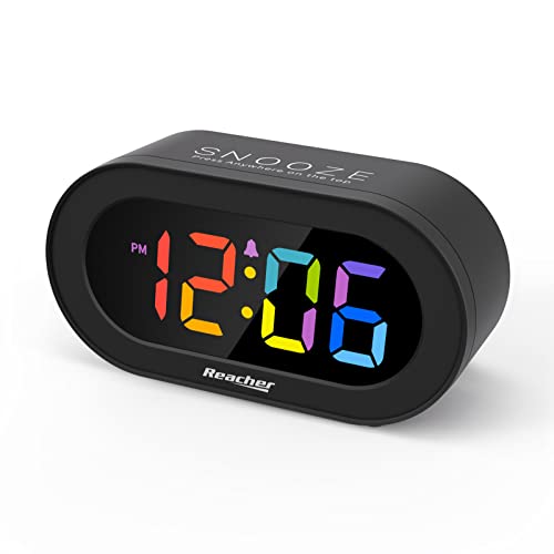 REACHER Small Digital Rainbow LED Alarm Clock with Snooze, Easy to Use, Full Range Brightness Dimmer, Adjustable Alarm Volume, Outlet Powered, Compact Clock for Bedroom, Bedside, Desk, Shelf…