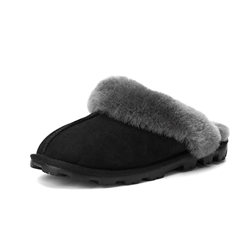 WaySoft Genuine Australian Sheepskin Women Slippers, 100% Shearling Hard Bottom Slippers for Women Indoor and Outdoor Warm Fuzzy Wool Slippers