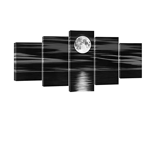 Wieco Art Sea White Full Moon in Night Canvas Print Wall Art Black and White Ocean Beach for Living Room Bedroom Kitchen Home Decorations 5 Piece Modern Abstract Artwork