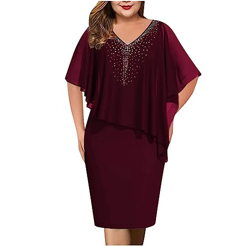 Vestidos para Fiestas Elegantes Womens Plus Size Cape Dress with Rhinestone V Neck Chiffon Overlay Bodycon Pencil Dress Wedding Cocktail Party Dress Wine