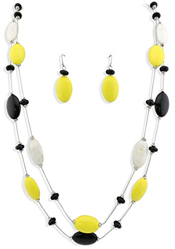 Firstmeet 2 Layer Statement Yellow and Black Beads Long Necklace with Earrings (XL-1086-yellow)