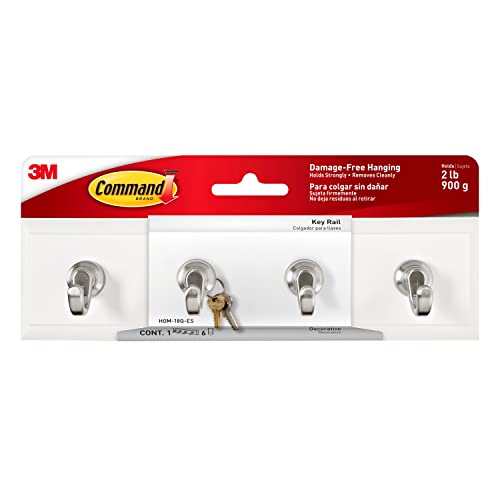 Command Key Rail, Holds up to 2 lb, 8-inch Rail with 4 Key Hooks and 6 Command Strips, Quartz, Removable Key Hooks for Entryway or Hallway, Hang Keys, Hats, Dog Leashes, and Accessories