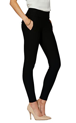 Premium Women's Stretch Dress Pants - Wear to Work - Ponte Treggings - Slim Leg with Buttons - Black - DP-SlimButtons-Black-XL