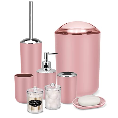 IMAVO Bathroom Accessory Set - 8 Pcs Pink Bathroom Accessories Set with Trash Can, Soap Dispenser, Soap Dish, Toothbrush Holder, Toothbrush Cup, Toilet Brush Holder, Qtip Holder Dispenser with Labels
