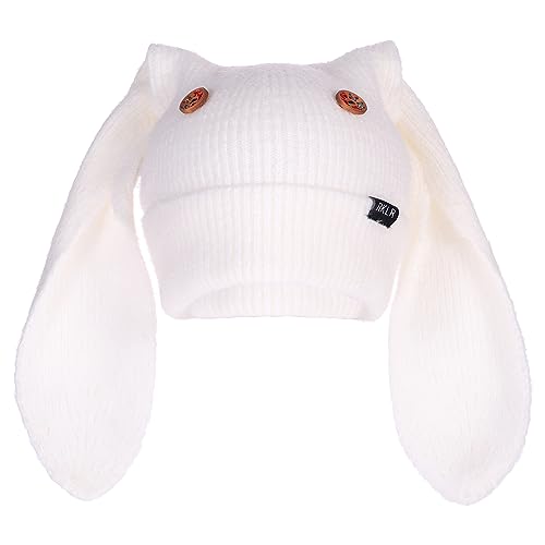 Cute Bunny Beanie Hats for Women Y2K Crochet Rabbit Winter Cap Warm Skull Cap Ski Hat Slouchy Hat White