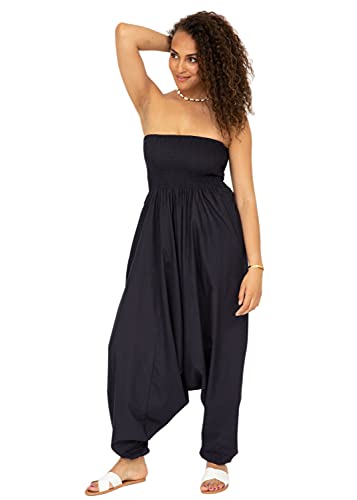 likemary Jumpsuits for Women - Convertible Rompers into Harem Pants - One Size Cotton Jumpers - Maxi Length Outfit & Pockets - Comfortable Strapless Midnight Navy Blue Jumpsuit