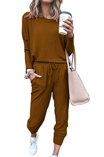 PRETTYGARDEN Women's 2023 Fall Two Piece Outfit Long Sleeve Crewneck Pullover Tops and Long Pants Tracksuit (Light Brown,Small)