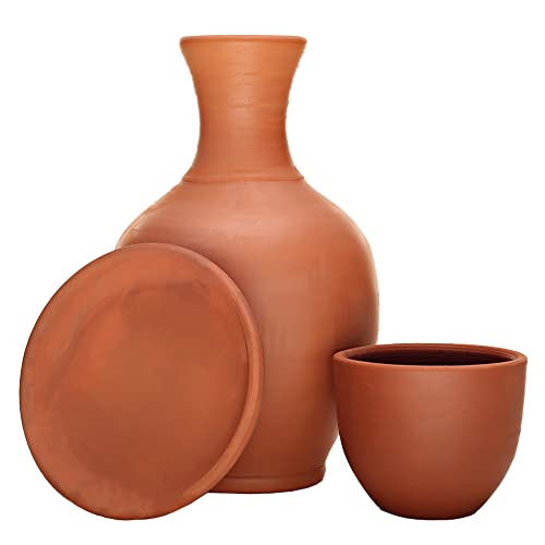 Clay Water Pitcher with Cup, Clay Water Pot for Drinking, Terracotta Mud Jugs with Mug and Platter, Earthen Water Carafe Set, Pottery Jar for Drinking Water, 76 oz