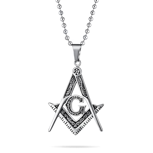 Bling Jewelry Black Oxidized Large Freemason Secret Society Square & Compass Masonic Symbol Pendant Necklace For Men Silver Tone Stainless Steel With Bead Chain