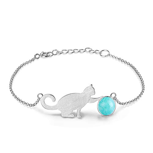 Lotus Fun 925 Sterling Silver Bracelet Cat Playing Balls Adjustable Kitten Bracelets with Chain length 6.5''-7.6'', Handmade Unique Jewelry Cat Gift for Girls for teen girls (B. Blue)