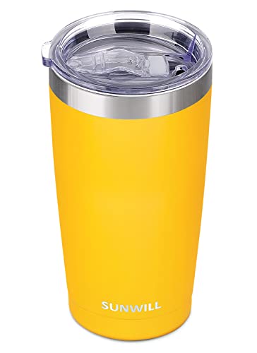 SUNWILL 20oz Tumbler with Lid, Stainless Steel Vacuum Insulated Double Wall Travel Tumbler, Durable Insulated Coffee Mug, Powder Coated Yellow, Thermal Cup with Splash Proof Sliding Lid