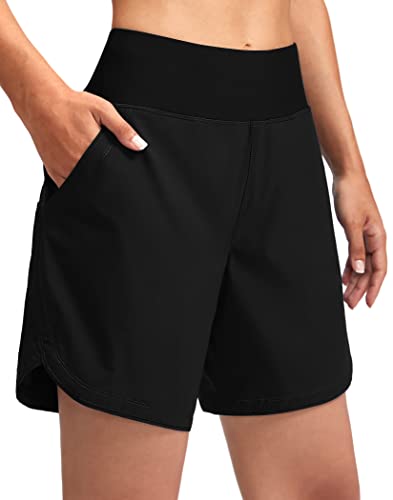 G Gradual Women's 7' Quick Dry Swim Board Shorts Swimming Bottoms High Waisted Beach Shorts for Women with Liner Pockets(Black,XL)