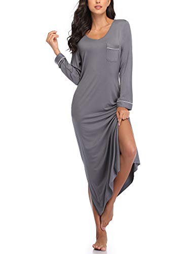 COLORFULLEAF Nightgowns for Women Long Sleeve Soft Nightshirts V Neck Full Length Sleepwear Casual Loungewear(Grey, L)
