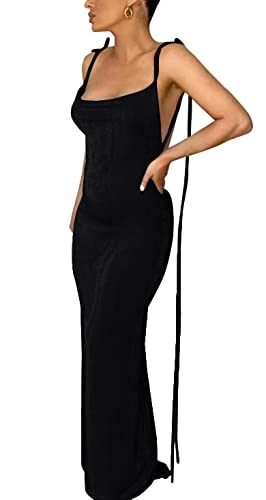 Women’s Sexy Spaghetti Strap Backless Cami Dress Bodycon Summer Party Cocktail Formal Halter Sundress Black