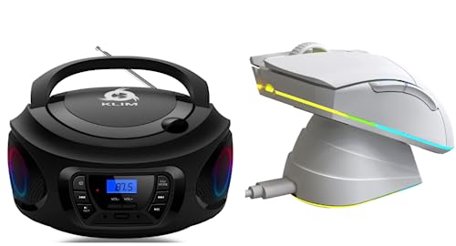 KLIM Blaze Pro Rechargeable Wireless Gaming Mouse with Charging Dock RGB and Boombox Portable Audio System FM Radio CD Player Bluetooth Bundle